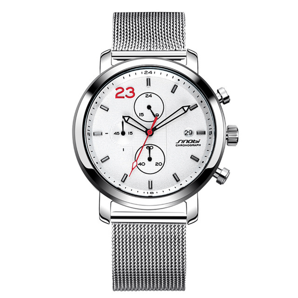 SINOBI 9765 Chronograph Casual Style Men Wrist Watch Mesh Steel Strap Quartz Watches - MRSLM