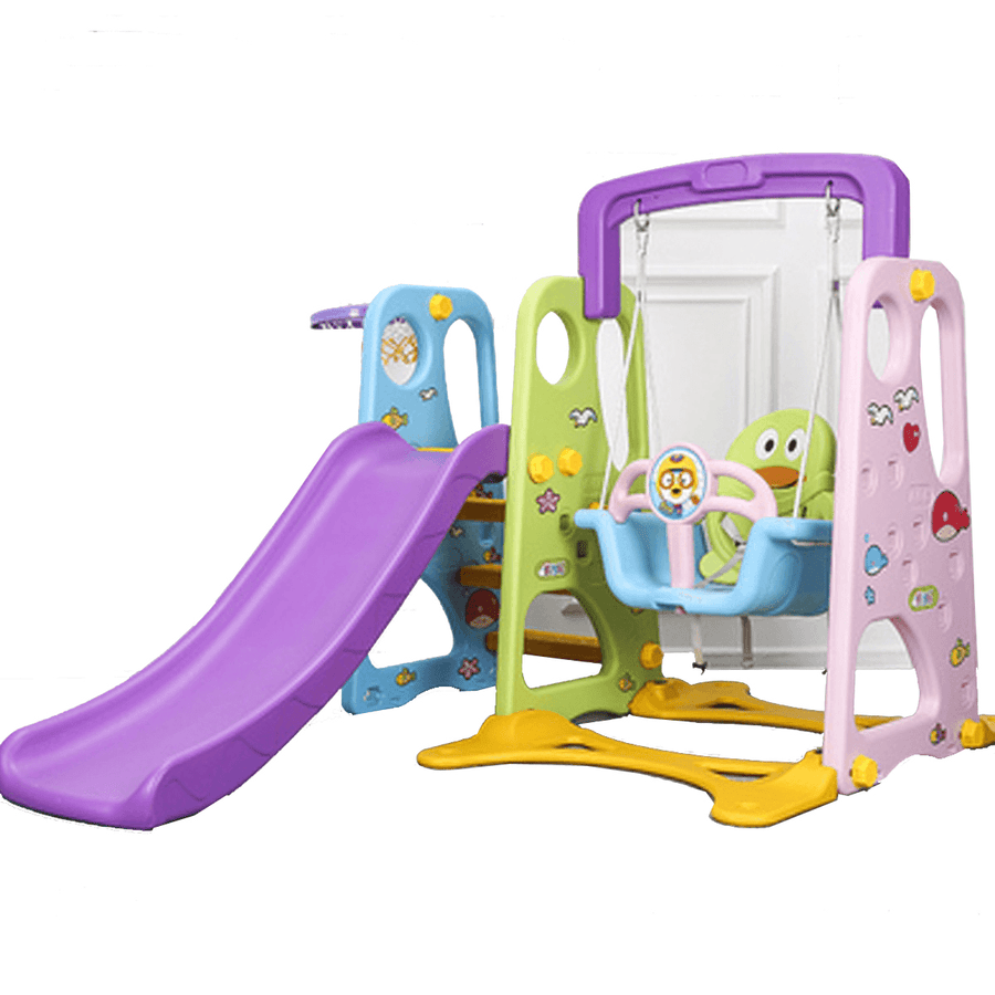 3 in 1 Kids Indoor Outdoor Play Slide Swing with Safety Backrest Basketball Hoop Ladder Climber Set Toys for Children Kids - MRSLM
