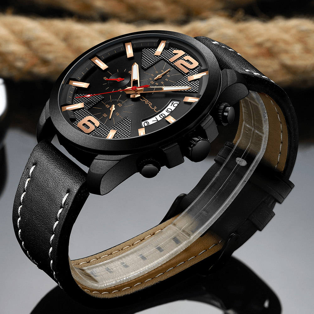 CRRJU 2285 Fashion Men Luminous Display Calendar Chronograph Leather Strap Quartz Watch - MRSLM