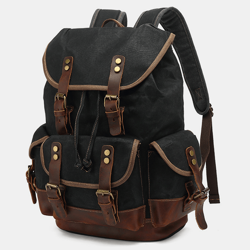 Men Vintage Canvas Leather Wear-Resistant Anti-Theft Waterproof Backpack Leisure Travel Bag - MRSLM