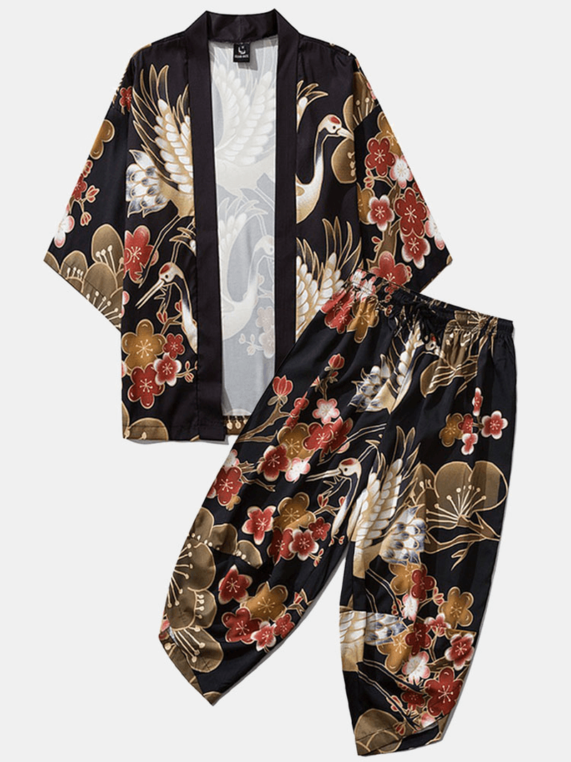 Mens Japanese Kimono Crane Flower Print Open Front & Pants Co-Ords - MRSLM