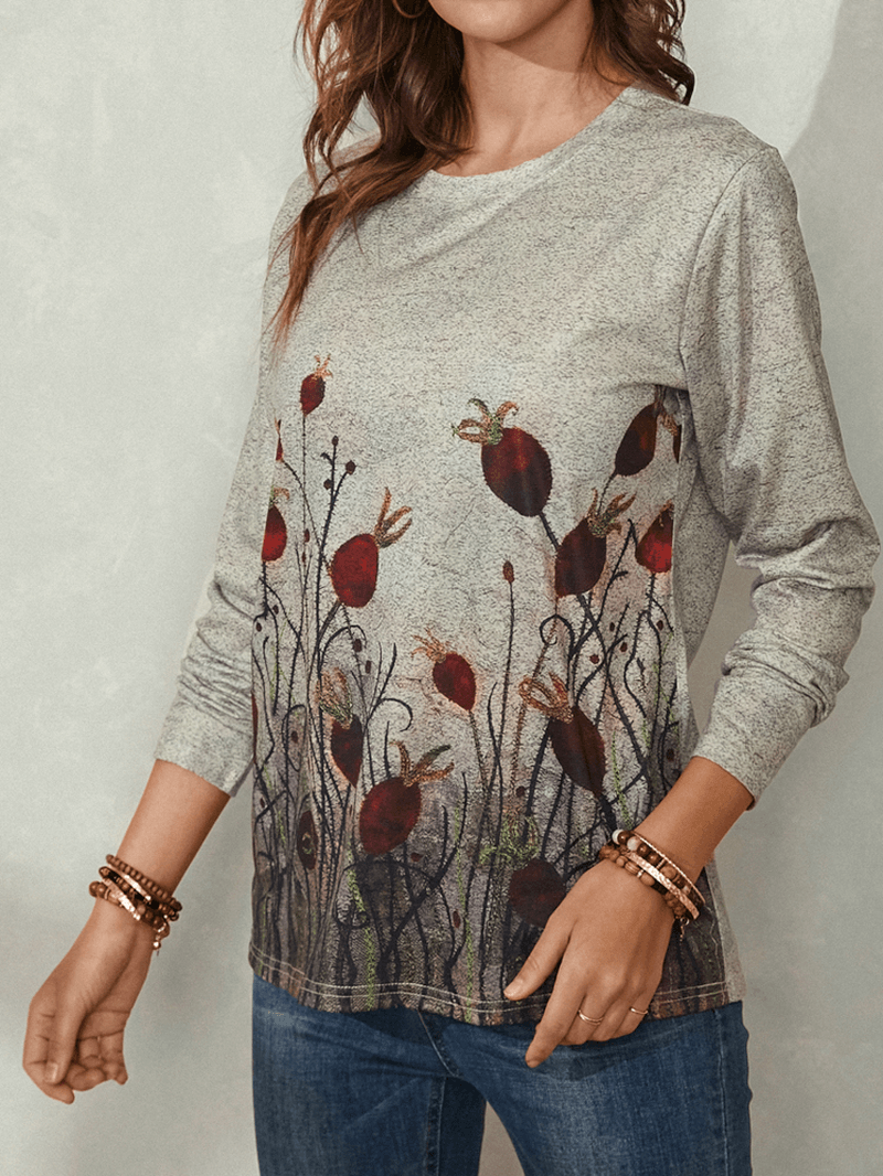 Women Abstract Plant Print Long Sleeve Casual Blouse - MRSLM