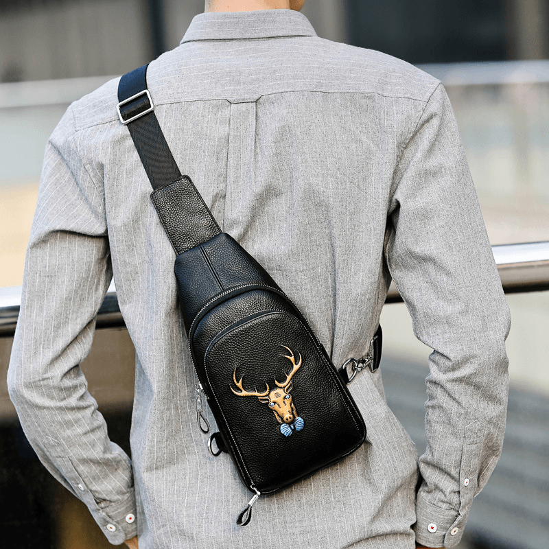 Men Genuine Leather Animal Patterns Fashion Cool Business Shoulder Bag Chest Bag - MRSLM