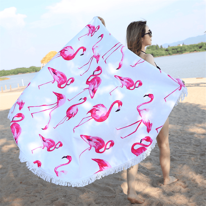 Fashion Flamingo 450G round Beach Towel with Tassels Microfiber 150Cm Picnic Blanket Beach Cover Up - MRSLM