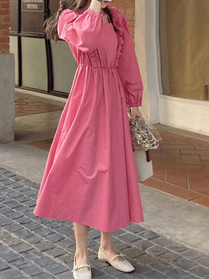 Puff Sleeve Pleating Leisure Holiday Casual Dress for Women - MRSLM