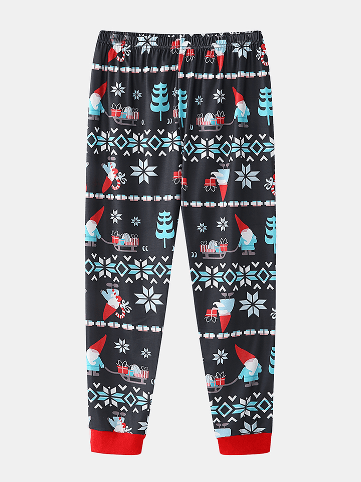 Women Cartoon Santa Claus Print V-Neck Long Sleeve Pullover Loose Jogger Pants Christmas Home Pajama Set - MRSLM