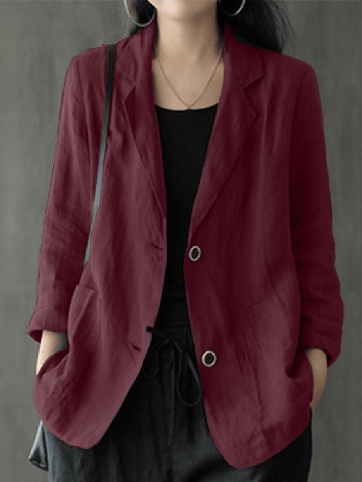 Women 100% Cotton Solid Color Button Front Business Thin All-Match Blazer with Pocket - MRSLM