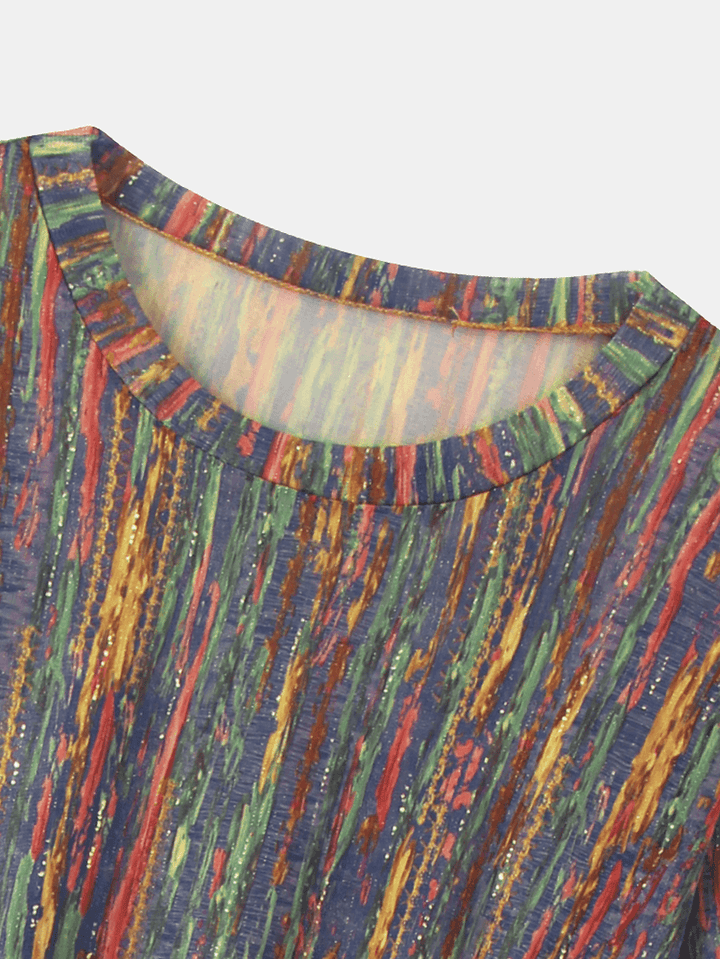 Women Multi-Color Striped Glitter Printed Long Sleeve O-Neck Blouse - MRSLM
