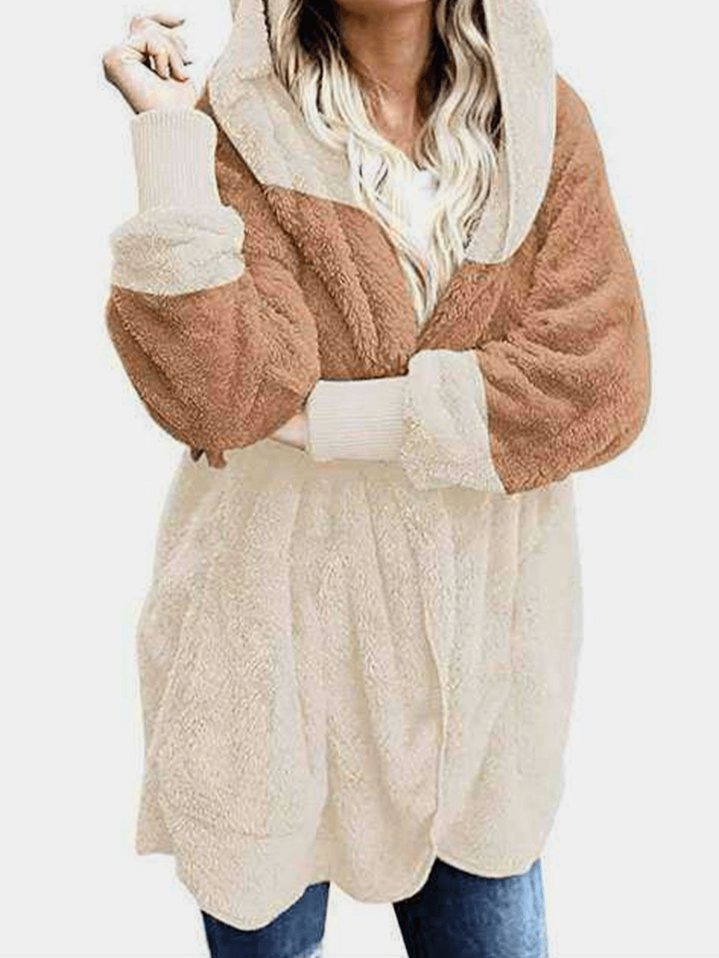Casual Color Block Patchwork Long Sleeve Hooded Zipper Plush Coats for Women - MRSLM