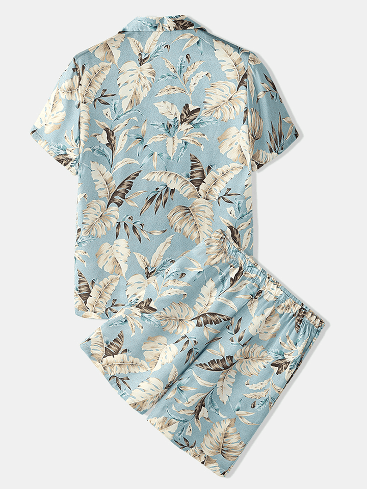 Mens Tropical Leaves Print Pajama Set Two Pieces Home Casual Sleepwear - MRSLM