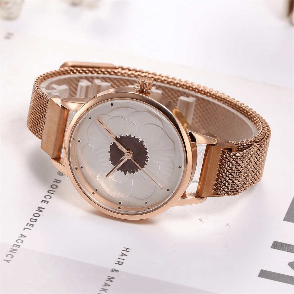 KH019 Fashion Elegant 3D Flower Pattern Magnetic Buckle Milanese Mesh Steel Strap Ladies Wristwatches Quartz Watch - MRSLM