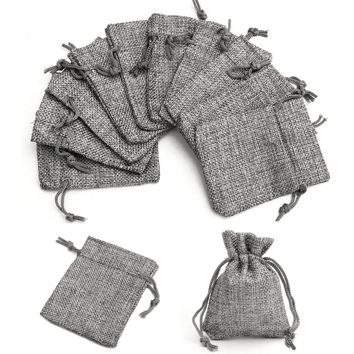 10PCS Grey Burlap Bags Jute Hessian Drawstring Sack Small Wedding Favor Gift - MRSLM