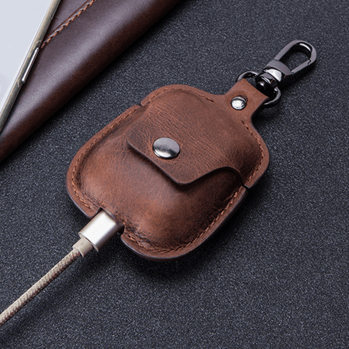 Men Genuine Leather Retro Crazy Horse Leather Bluetooth Headset Holster Headset Set Earphone Storage Case - MRSLM