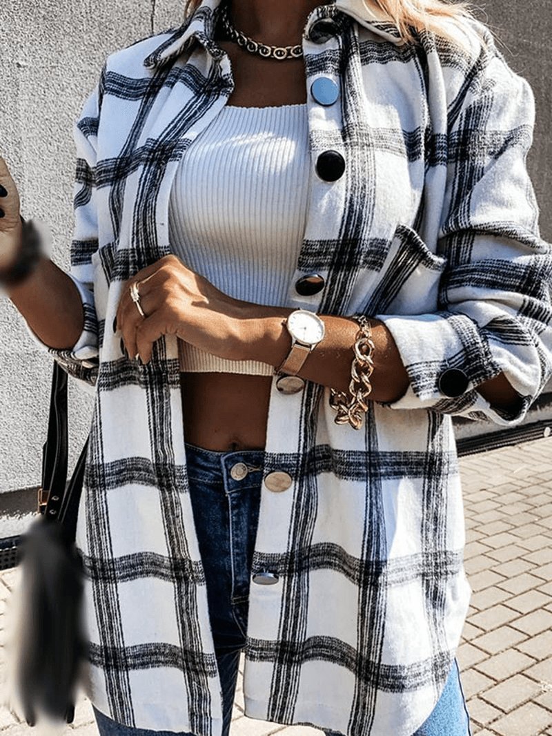 Women Plaid Button Front Lapel Casual Long Sleeve Shirt Coats - MRSLM