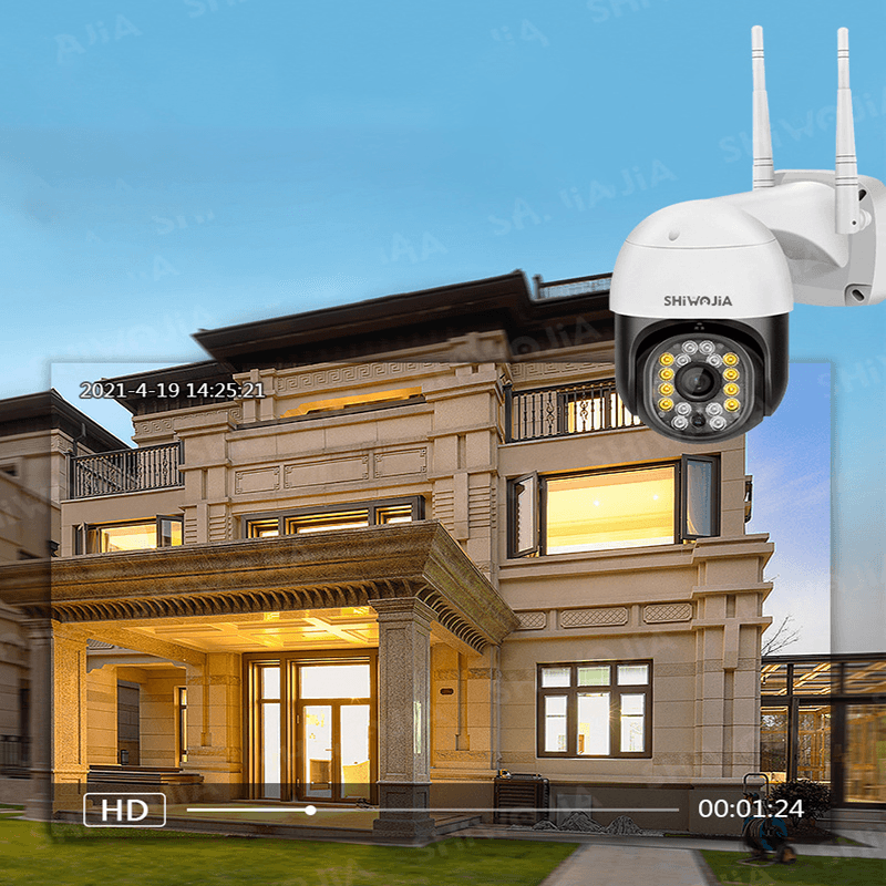 SHIWOJIA Smart WIFI Home Security Camera Outdoor Camera 1080P HD IP66 Waterproof Pan Tilt 360°View Wireless IP Camera with Color Night Vision Motion Detecting Home Cameras - MRSLM