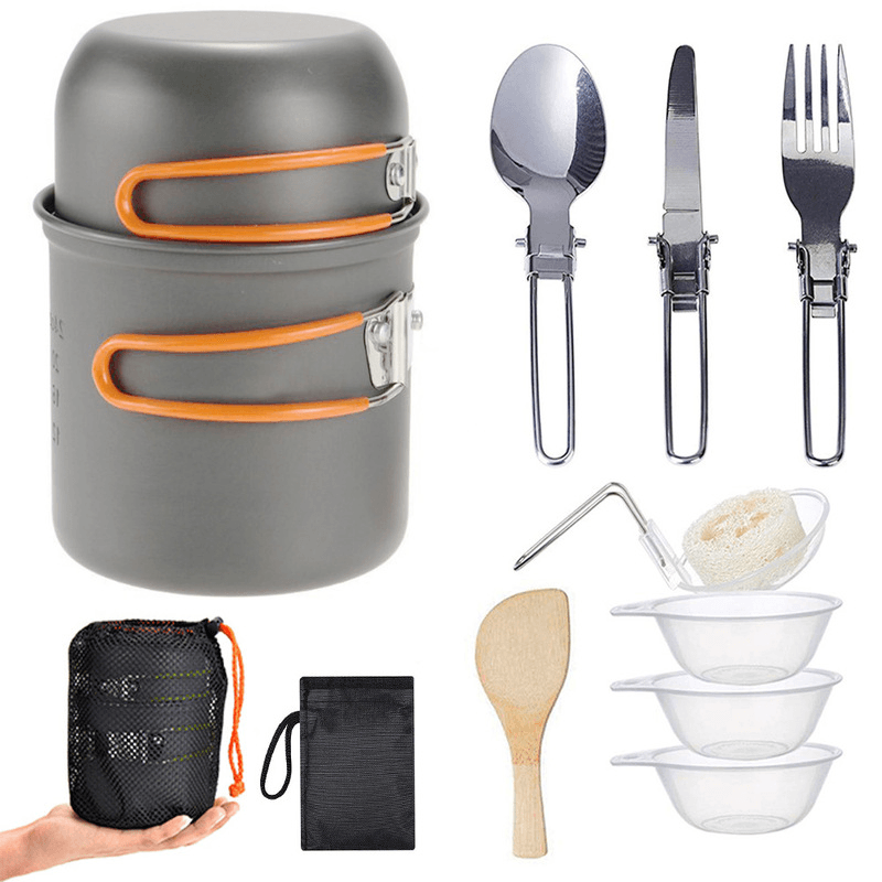 Ipree® 12Pcs/Set Camping Cookware Set Stainless Steel Portable Set of Pots and Pans Outdoor Camping Cutlery - MRSLM
