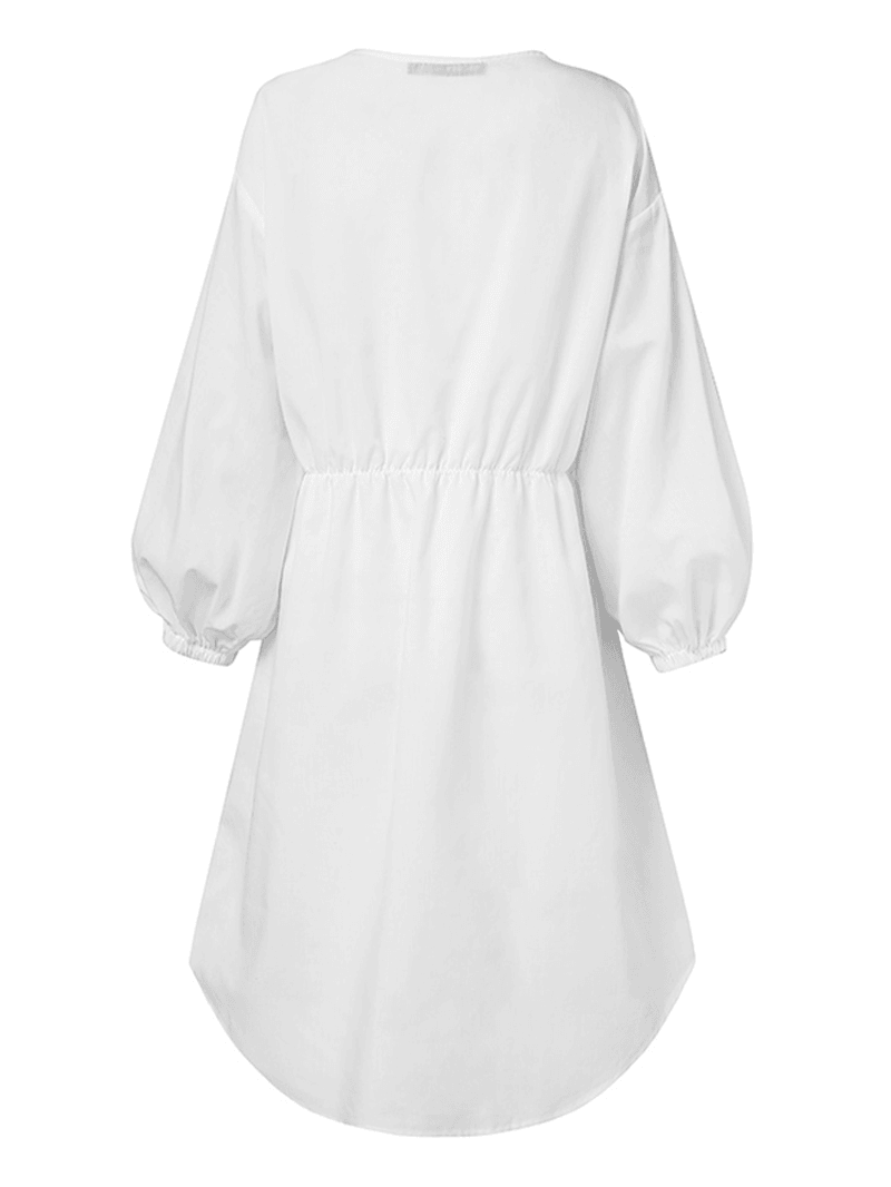 Women Solid Color Puff Sleeve Button up V-Neck Elastic Waist Simple Pleated Midi Shirt Dresses - MRSLM
