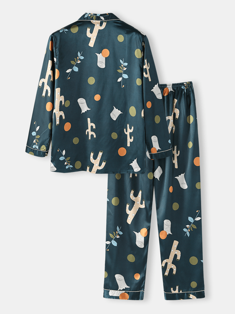 Mens Polka Dot Plant Print Loose Fit Long Sleeve Revere Collar Home Lounge Pajamas with Pocket - MRSLM