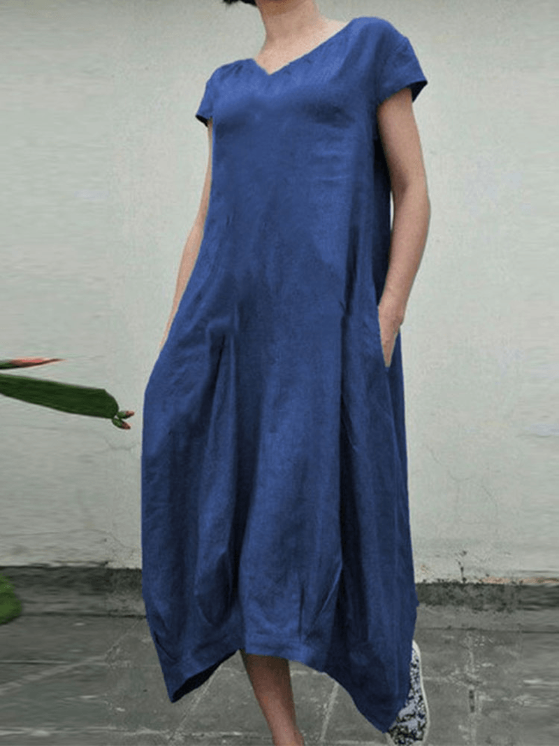 Women Short Sleeve O-Neck Pleated Solid Causal Dress - MRSLM