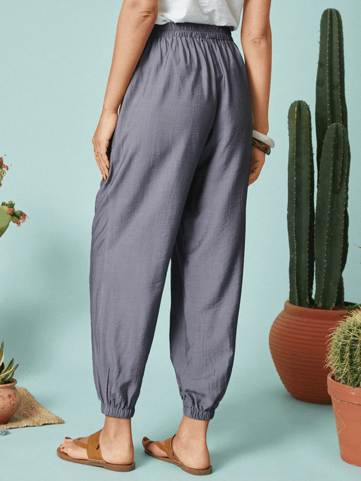 Solid Color Elastic Waist Pocket Casual Pants for Women - MRSLM