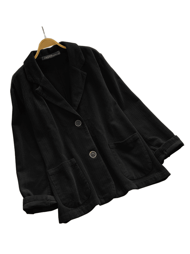 Women Corduroy Lapel Solid Retro Loose Casual Suit Front Pockets Outwear - MRSLM