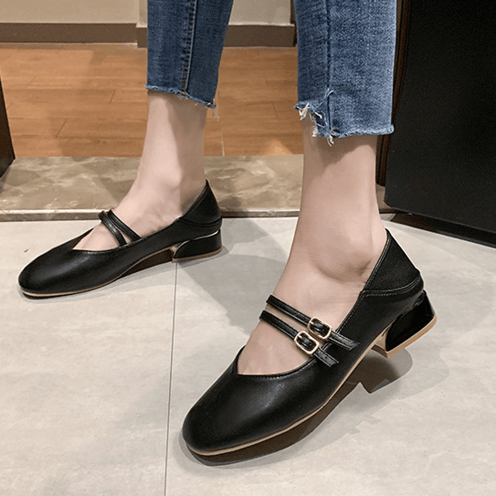 Women round Toe Solid Color Block Heel Slip on Loafers - MRSLM