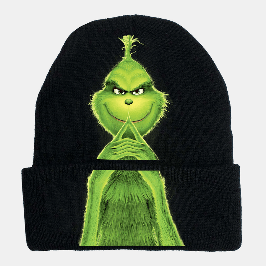 Unisex Wool Warm Windproof Sunvisor Christmas Green Hair Monster Printing Knitted Hat Beanie - MRSLM