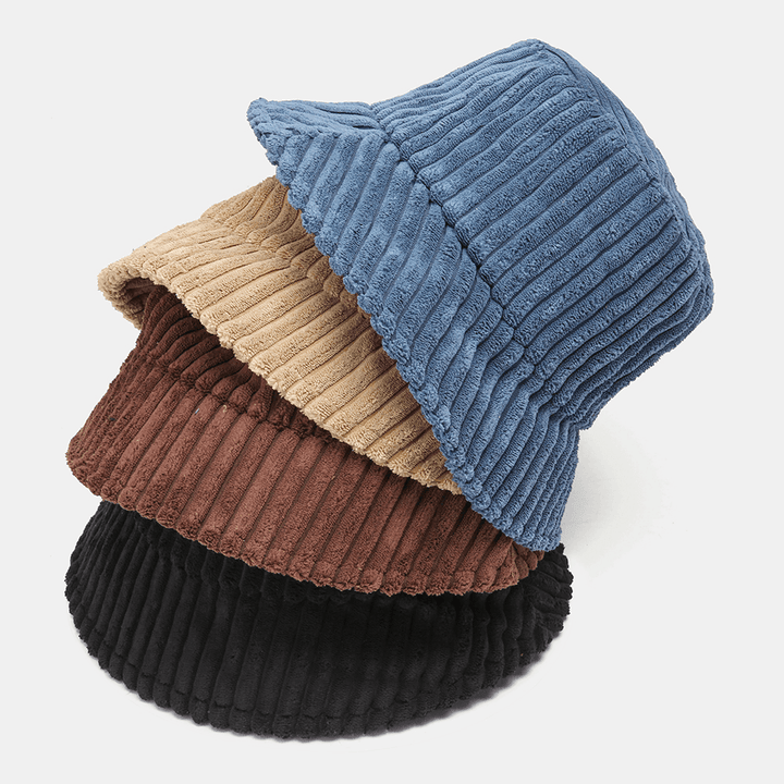 Unisex Corduroy Stripes Pattern Solid Color Warm Ear Protection Couple Hat Bucket Hat - MRSLM