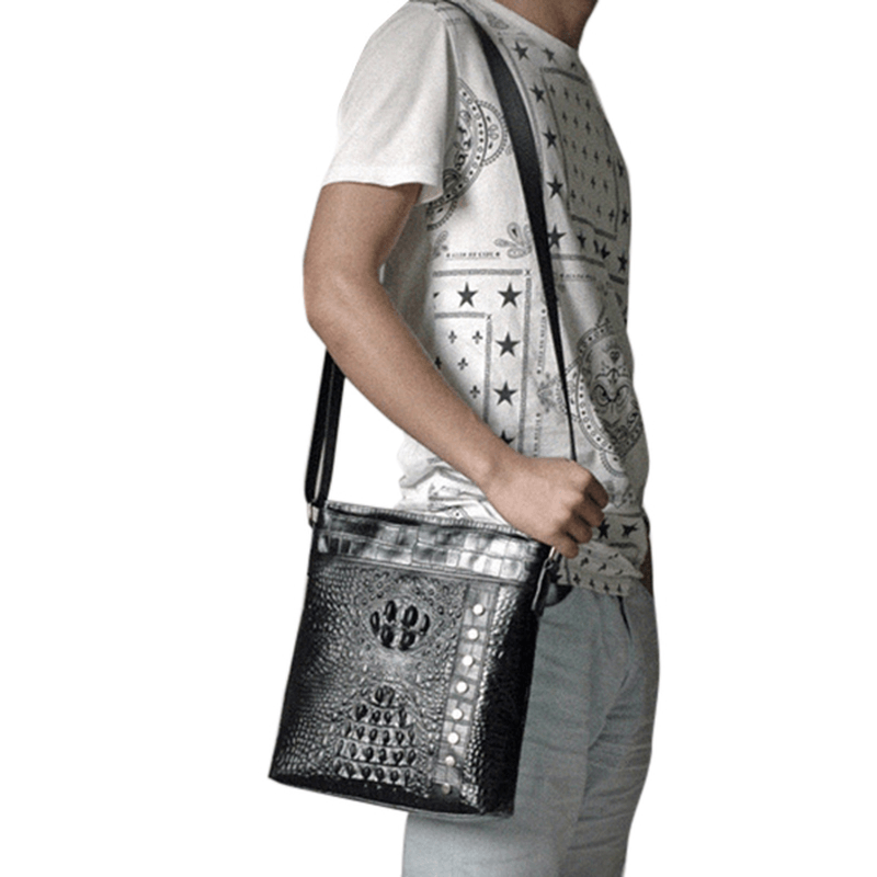 Men Genuine Leather Alligator Pattern Shoulder Bag Leisure Business Crossbody Bag Briefcase - MRSLM