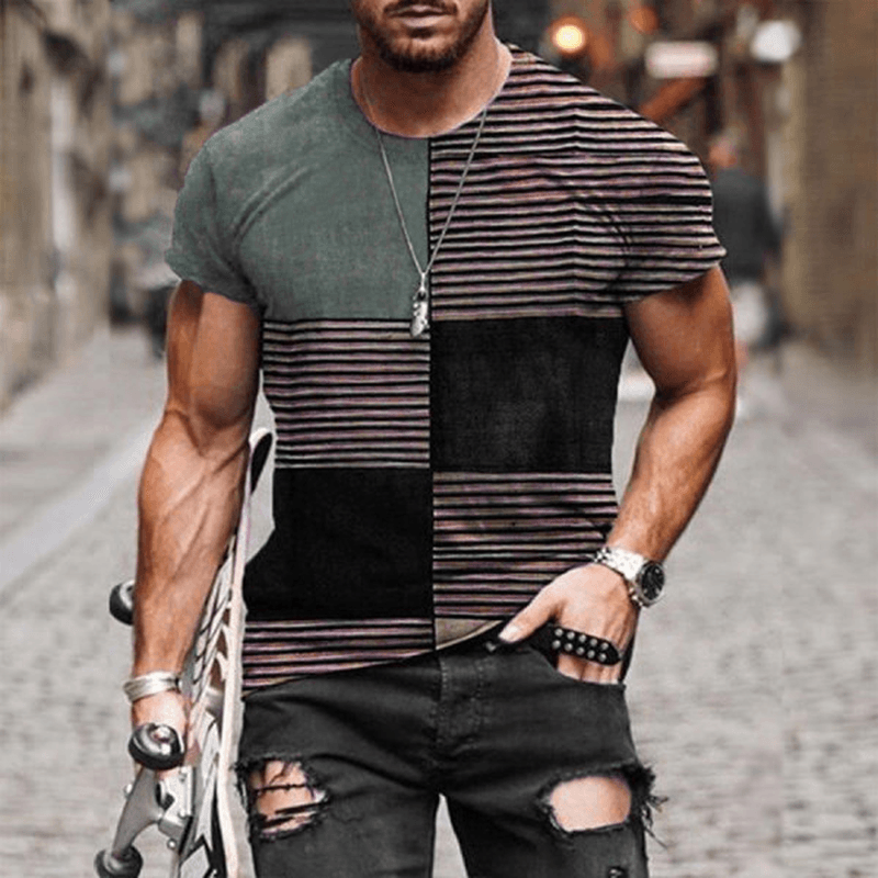 Striped Color Matching Loose Casual Short Sleeved round Neck Men'S T Shirt - MRSLM