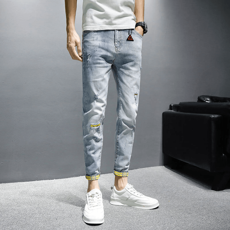 Jeans Men'S Trendy Brand Spring and Autumn New Slim Casual Nine-Point Pants Men'S Trousers - MRSLM