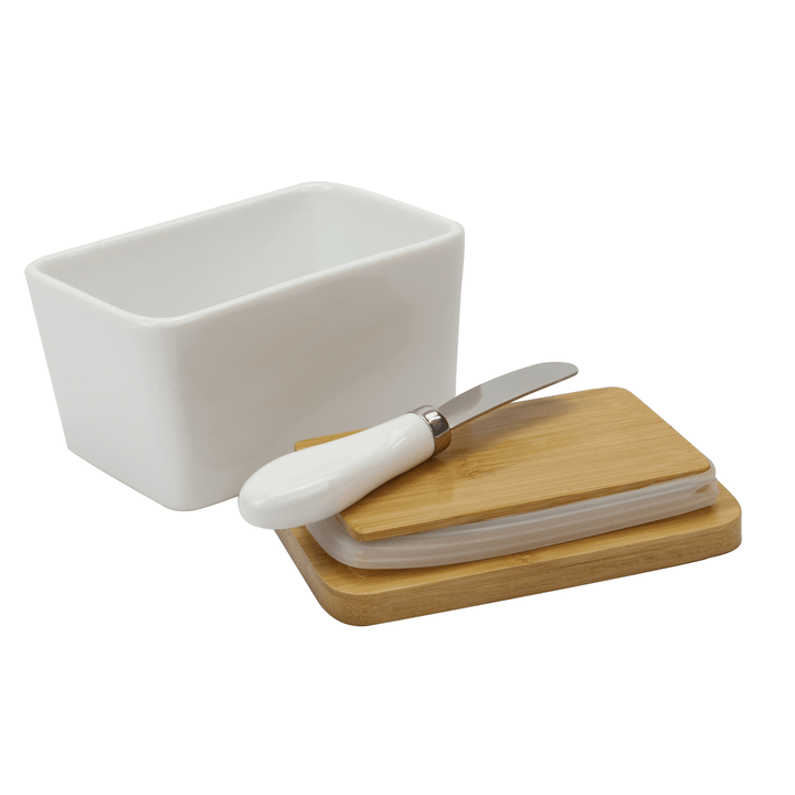 White Ceramics Butter Dish with French Butter Box Holder Insulated Wooden Lid - MRSLM