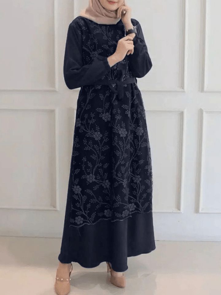 Women Flowers Embroidery Stitching Lace up Casual Elastic Cuffs Maxi Dresses - MRSLM