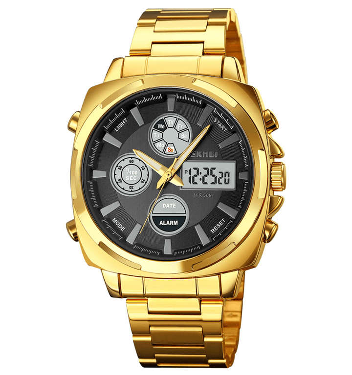 SKMEI 1673 Fashion LED Light Digital Watch Stainless Steel Strap 3ATM Waterproof Men Dual Display Watch - MRSLM