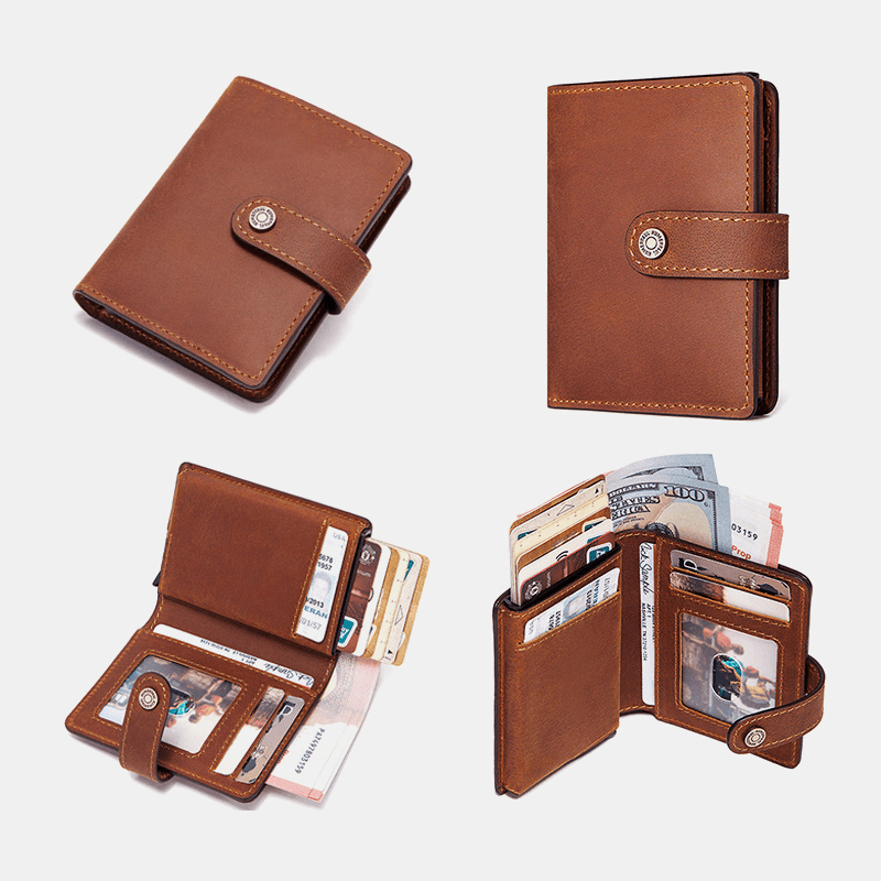 Men Genuine Leather Retro RFID Antimagnetic Multifunction Money Clips Short Wallet Purse - MRSLM