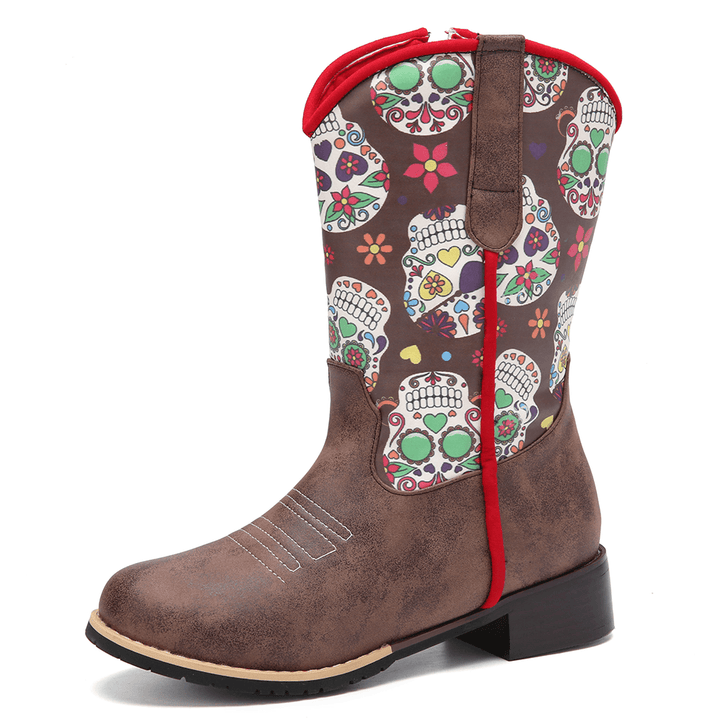 Women Retro Flower Printing Pointed Toe Zipper Mid-Calf Cowboy Boots - MRSLM