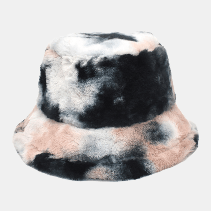 Unisex Faux Rabbit Fur Colorful Gradient Tie-Dye Bucket Hat Winter Thicken Warmth Windproof Fashion Sunshade Hat - MRSLM