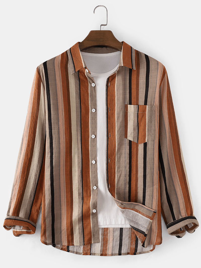 Colorful Stripe Lapel Collar Pocket Long Sleeve Cotton Breathable Shirts - MRSLM