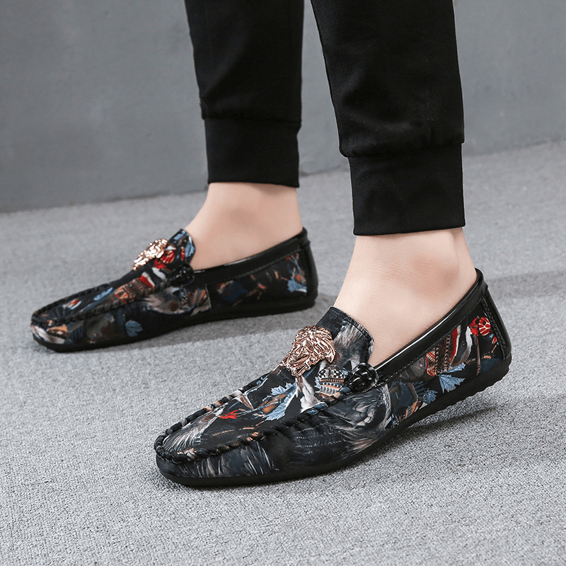 Men Floral Printed Slip Resistant Casual Walking Driving Loafers - MRSLM