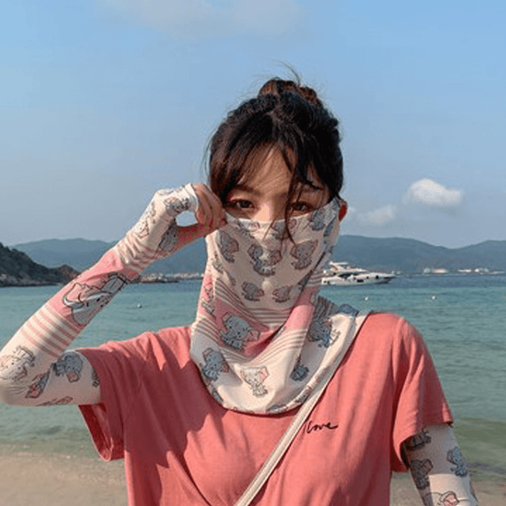 Women Sunscreen Outdoor UV Protection Ice Silk Sleeve Arm Guard Sleeve Cover Face Breathable Veil Mask - MRSLM