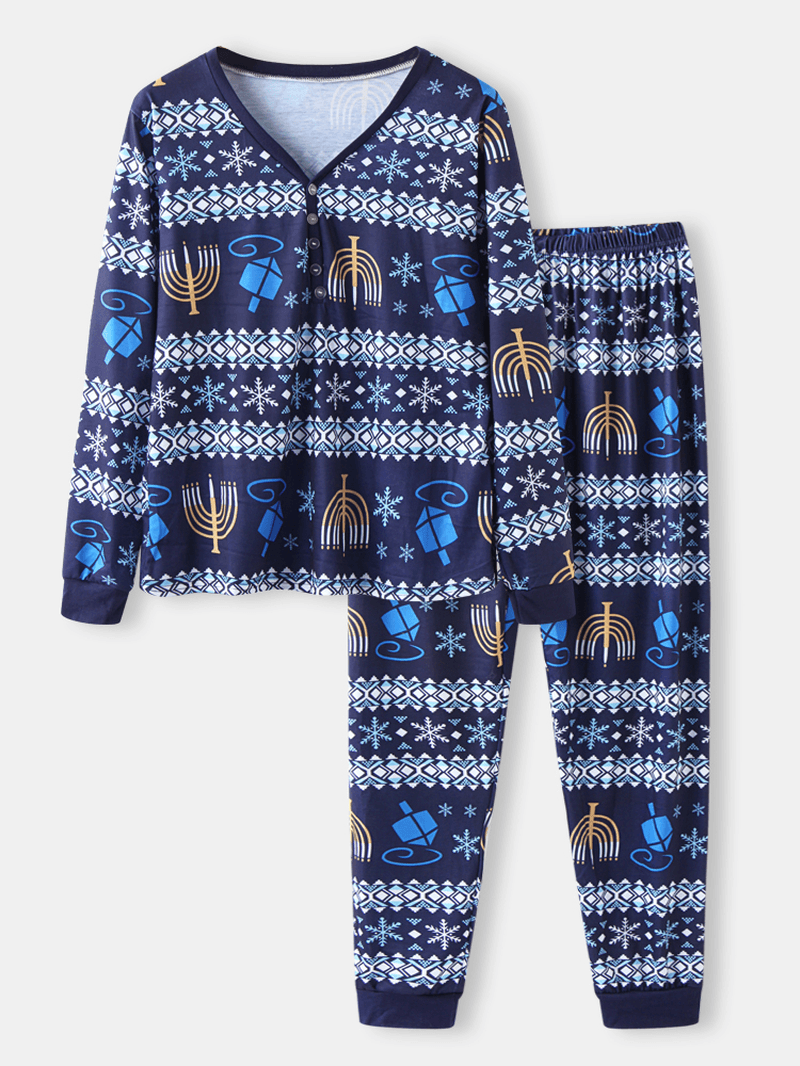 Women Christmas Style Print V-Neck Long Sleeve Pullover Loose Pants Two Piece Pajama Set - MRSLM