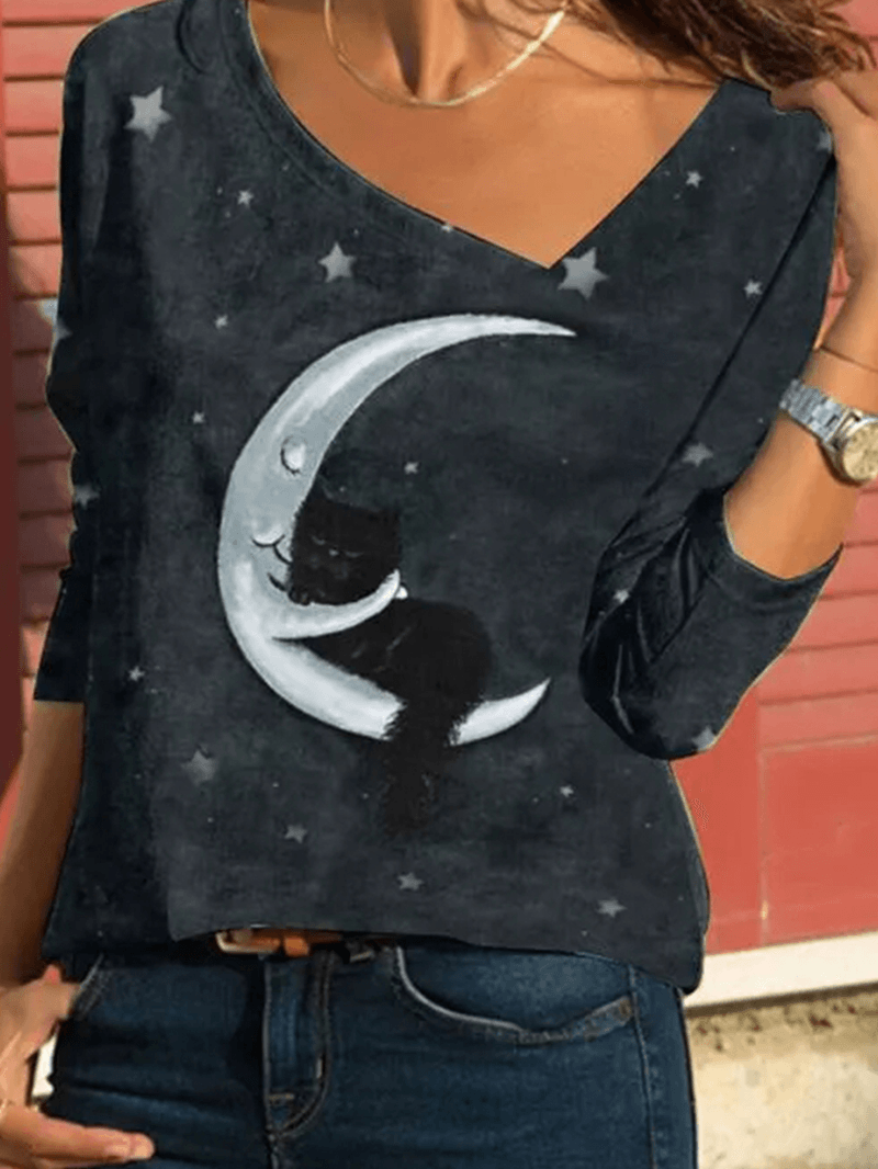 Women Cartoon Cat Starry Sky Print Asymmetrical Neck Casual Long Sleeve Blouses - MRSLM