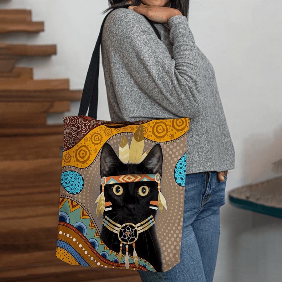 Women Felt Cute Cartoon Egyptian Dressed Black Cat Pattern Shoulder Bag Handbag Tote - MRSLM