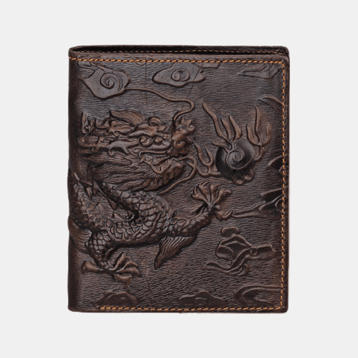 Men Genuine Leather 3D Dragon Pattern Retro Business Multi-Slot Card Holder Wallet - MRSLM