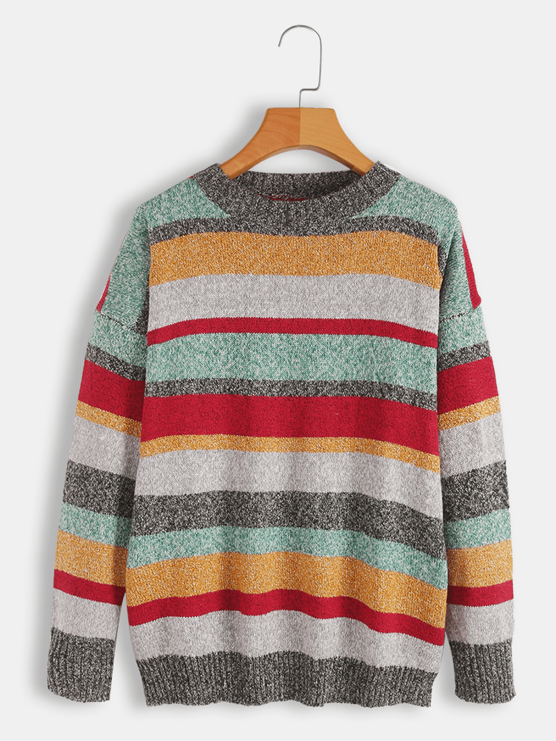 Women Long Sleeve O-Neck Stripe Sweaters - MRSLM
