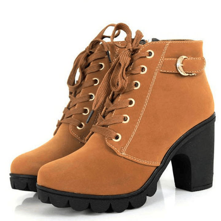 Round Toe Thick High Heel Lace-Up Side Zipper Women Boots - MRSLM