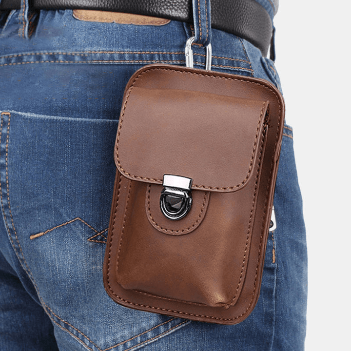 Men Faux Leather Mini Casual Multi-Carry Waist Hanging 6.3 Inch Phone Bag Shoulder Crossbody Bag with Belt Loop - MRSLM