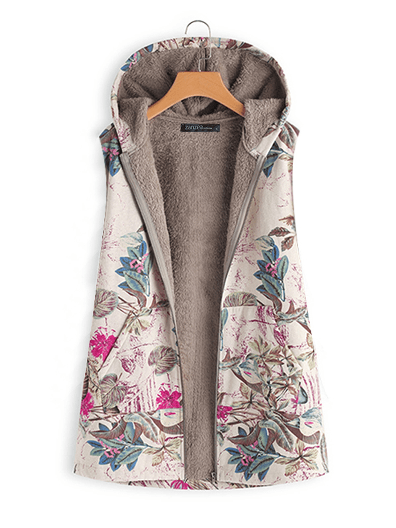 Women Sleeveless Zipper Floral Print Vest Outerwear Hooded Coats - MRSLM