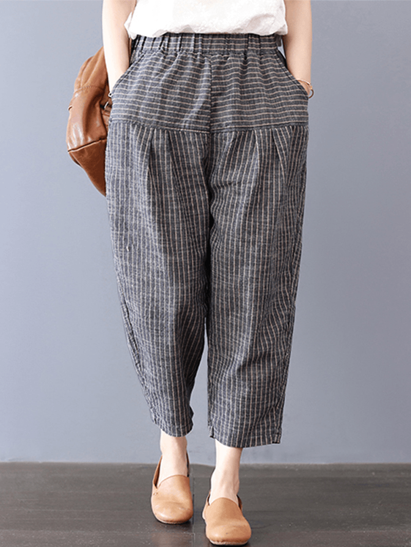 Women Stripe Elastic Waist Pockets Harem Pants - MRSLM