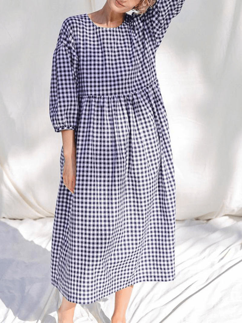 Women Plaid Print Pleated round Neck Casual Half Sleeve Midi Dresses - MRSLM